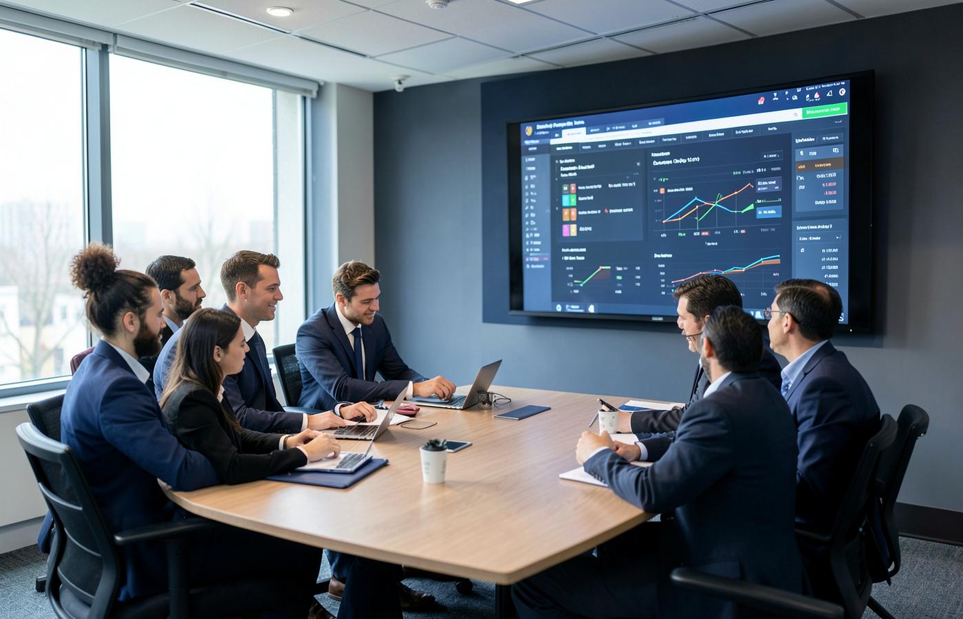 Business team reviewing a software dashboard during a project meeting